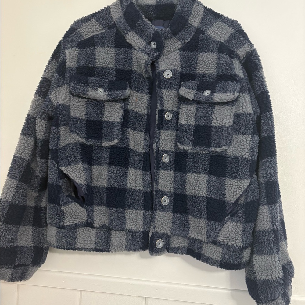 Democracy Navy and Gray Plaid Teddy Jacket